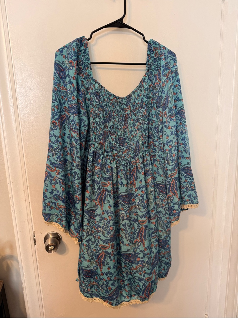 Earthbound Women’s Aqua Paisley Smocked Peasant Dress
